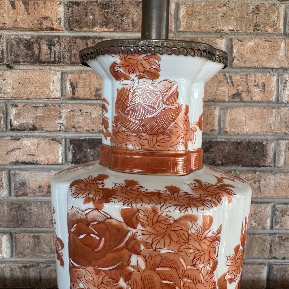 Vintage Kutani Style Porcelain Table Lamp Red‎ Floral Chinoiserie Asian Decor